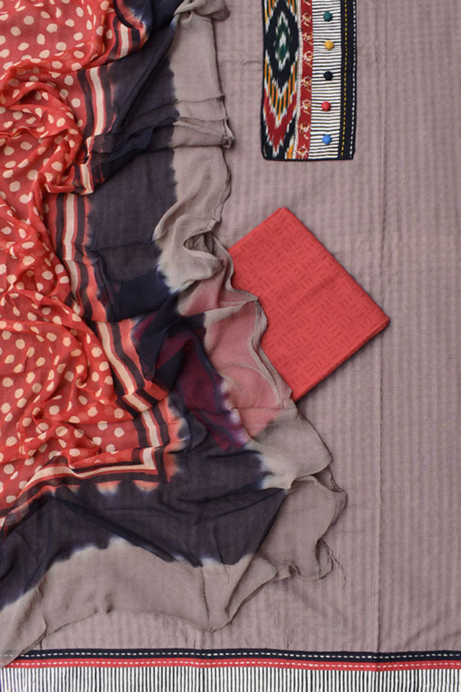 Designer Cotton Unstitched Suit Fabric with Embroidery, ikkat & Block print patch &Chiffon dupatta