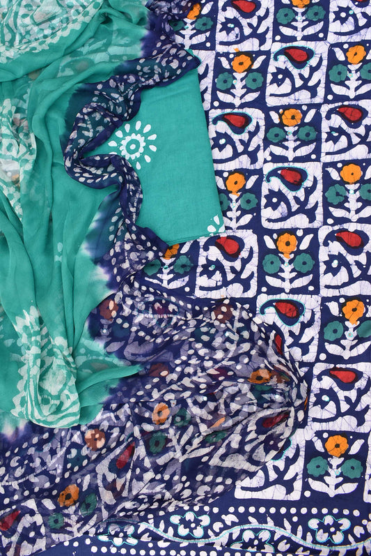 Wax Batik Work Cotton Unstitched Suit Fabric with foil mirror, embroidery & chiffon dupatta