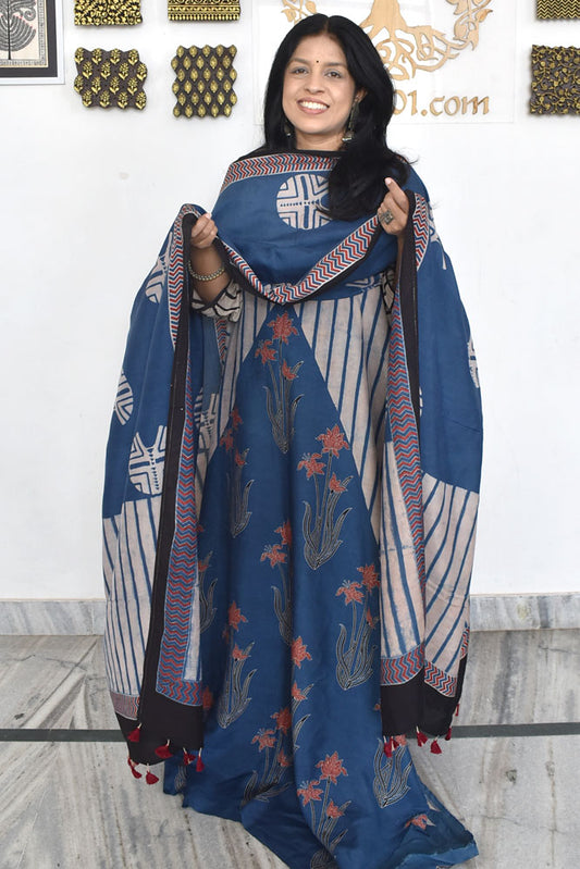 Designer Ajrakh Muslin Unstitched suit with Ajrakh Muslin Dupatta- 2 piece set
