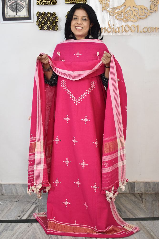 Premium Handwoven Kala Cotton Bhujodi suits with Mirror and Miri work - 3 pc set