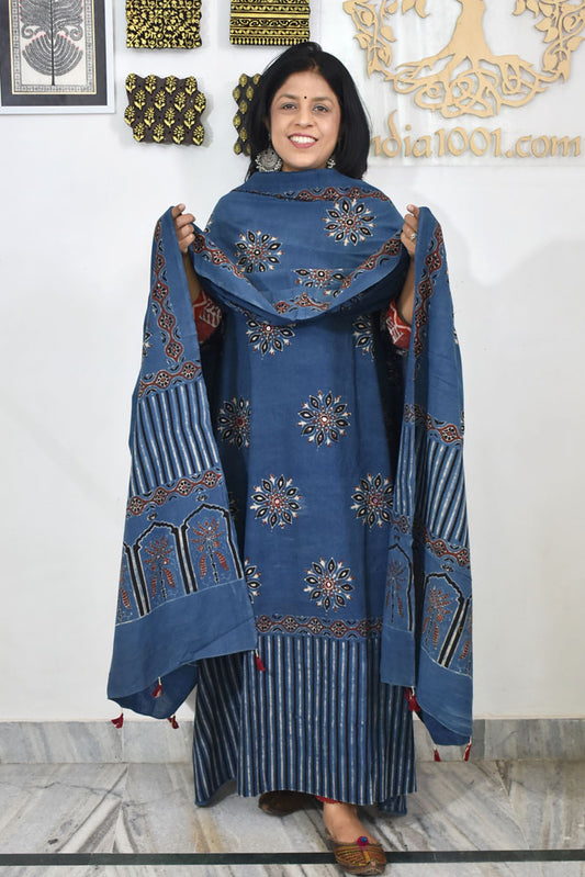 Designer Ajrakh Cotton kurta with  panel design & Mirror work & Cotton dupatta - 3 piece set