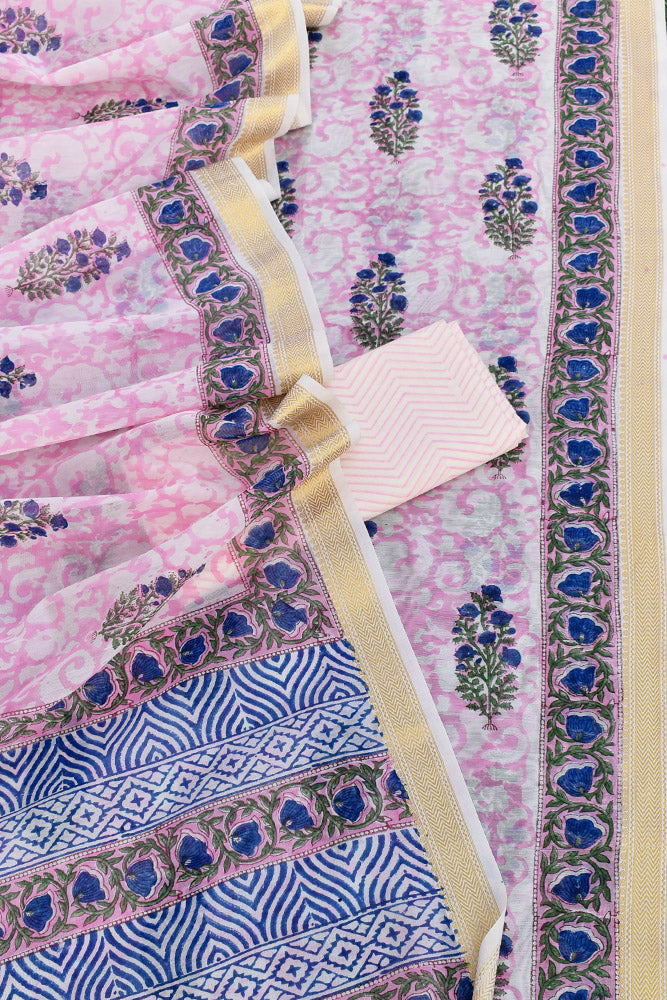 Beautiful Hand Block Printed Maheshwari Silk Cotton Unstitched suit fabric - 3 pc set