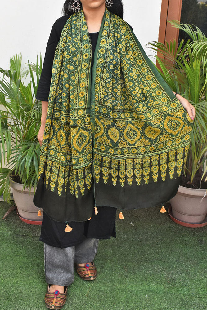 Beautiful Hand Block Printed Ajrakh Modal Silk stole with Tassels