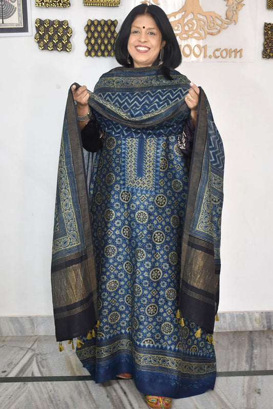 Beautiful Hand Block printed Kutch Ajrakh Chanderi Kurta and Lagdi patta dupatta set