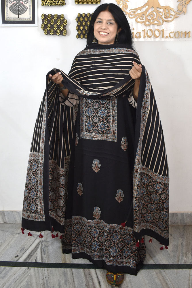 Designer Ajrakh Modal Silk Unstitched suit with  panel design & Ajrakh Dupatta- 2 piece set