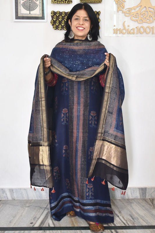 Beautiful Hand Block printed Kutch Ajrakh Chanderi Kurta and Lagdi patta dupatta set