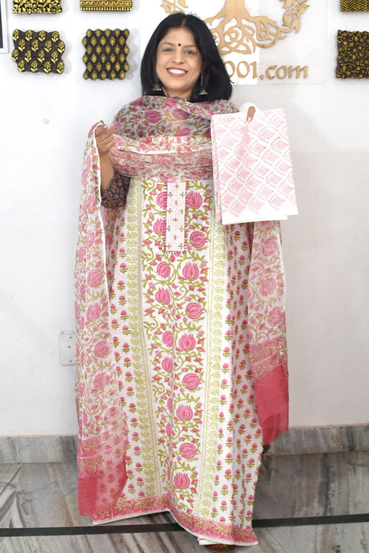 Designer Cotton Unstitched Suit Fabric with Embroidery & Chiffon dupatta