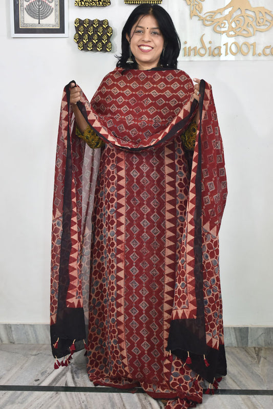 Ajrakh Hand Block Print Georgette Dupatta & Georgette Kurta Fabric
