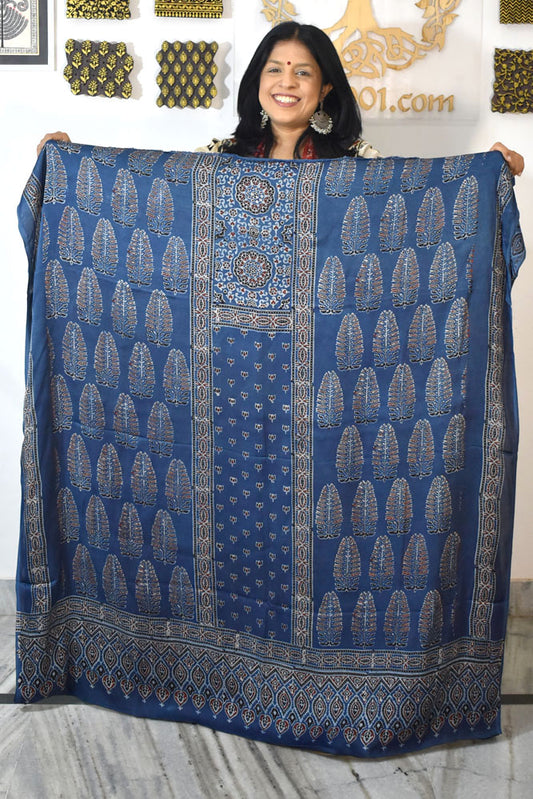 Designer Modal Silk Ajrakh Hand Block Print  Kurta Fabric - 2.5 mtrs cut