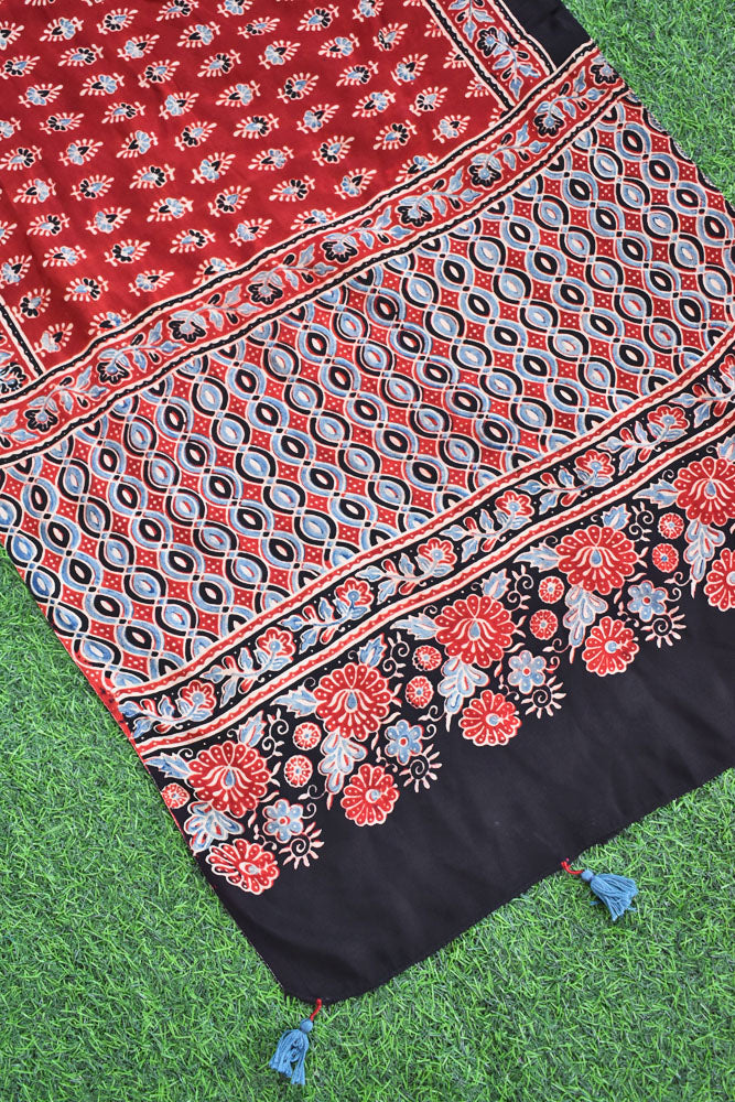 Beautiful Hand Block Printed Ajrakh Modal Silk stole with Tassels