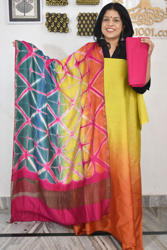 Designer chanderi suit with Clamp Dye dupatta