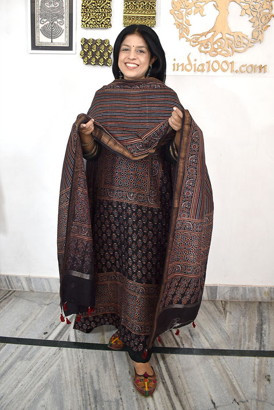Beautiful Hand Block Printed Ajrakh Maheshwari Silk Cotton Unstitched Set - 2 PC set