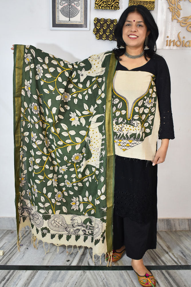 Beautiful Hand Painted Pen Kalamkari Dupatta & patch in Bangalore silk