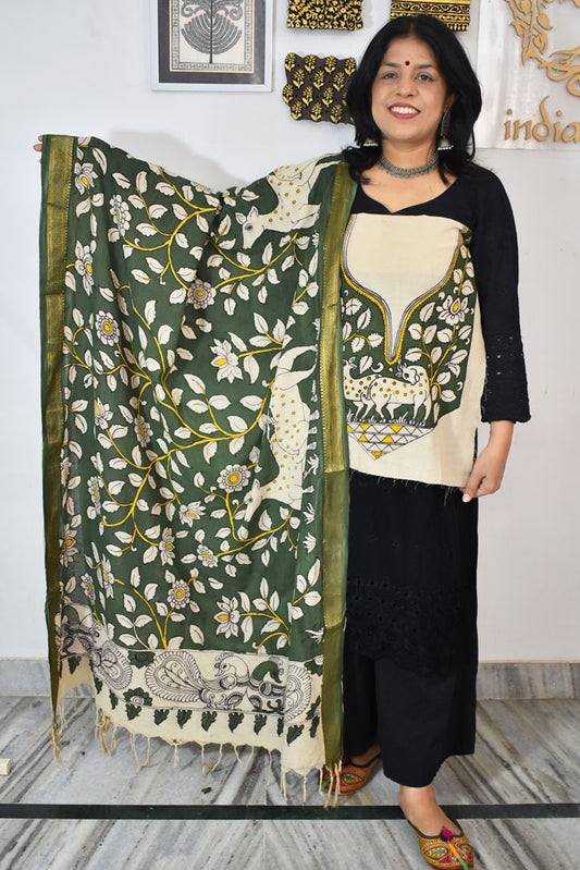 Beautiful Hand Painted Pen Kalamkari Dupatta & patch in Bangalore silk