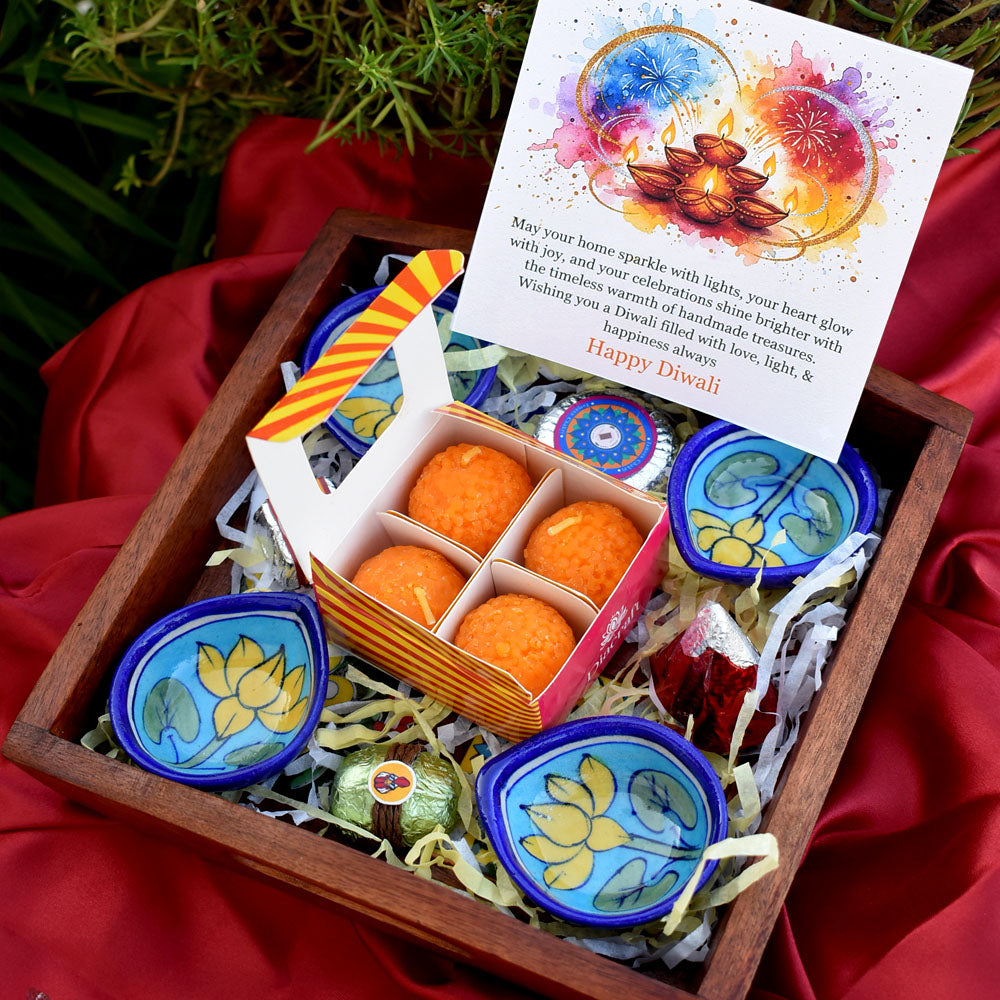 Blue Pottery Hamper - Hand painted Blue Pottery diyas & Laddoo Shaped Candles