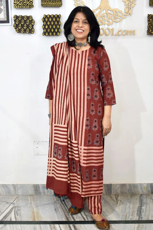 Designer Hand Block print Ajrakh Cotton suit with Full width Cotton Dupatta  - Size 38 to 46