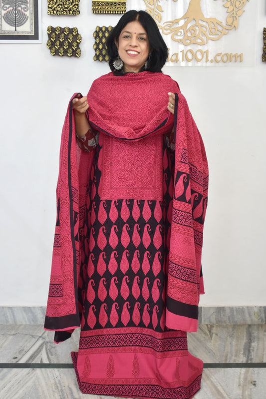 Bagh Hand Block Printed unstitched 3 pc Cotton suit fabric with Placement block print from MP