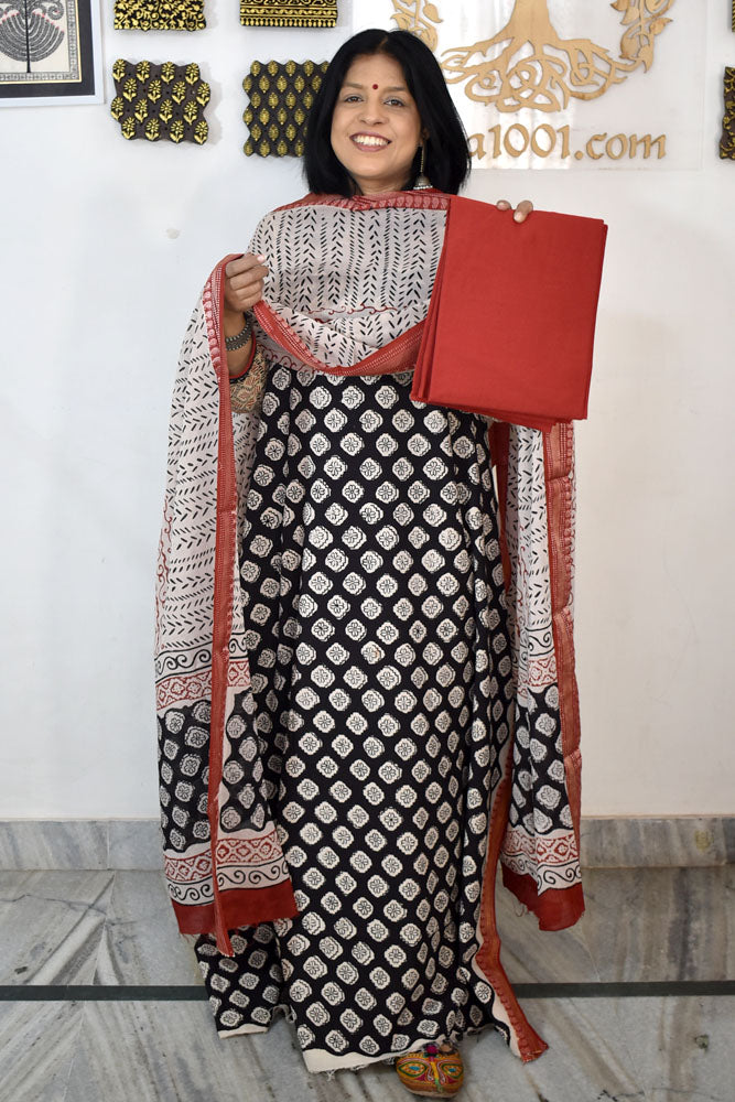 Beautiful Hand Block Printed Cotton unstitched suit fabric with Woven Borders Cotton dupatta