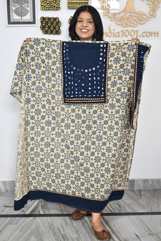Designer Ajrakh Cotton Kurta Fabric with Kutch Mirror Work patch