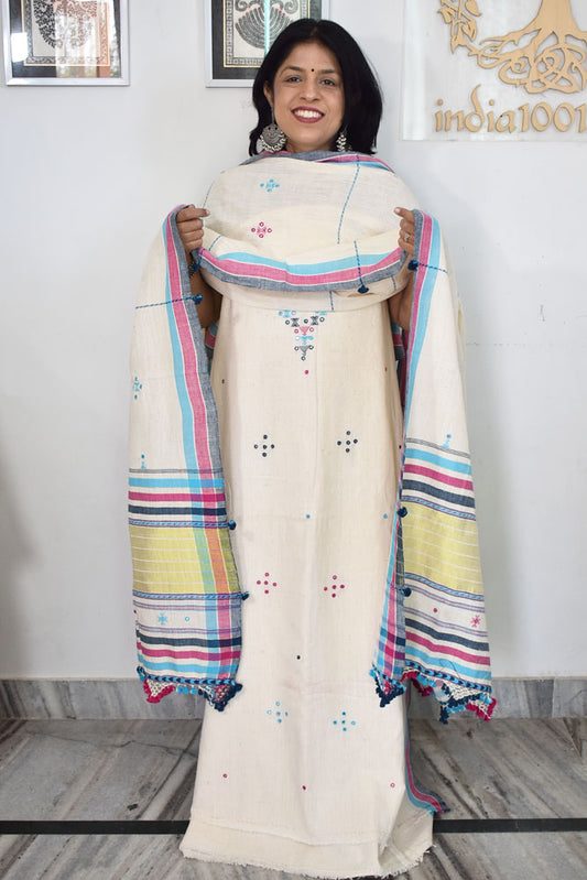 Premium Handwoven Kala Cotton Bhujodi suits with Mirror and Miri work - 3 pc set