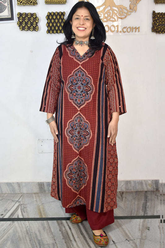 Designer Hand Block Printed Ajrakh cotton Kurta With Mirror Work - Size 38 to 46 ( all sizes)