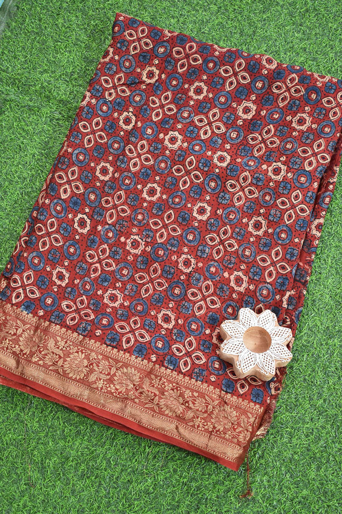 Beautiful Ajrakh Dola Silk Hand Block Print Fabric - 3 mtrs cut