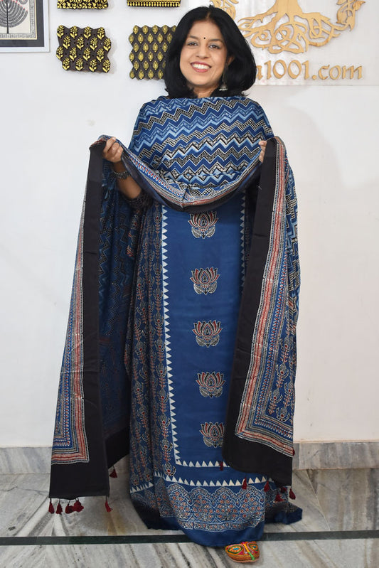Designer Ajrakh Modal silk Kurta and Dupatta Set with  Neck yoke and panel design