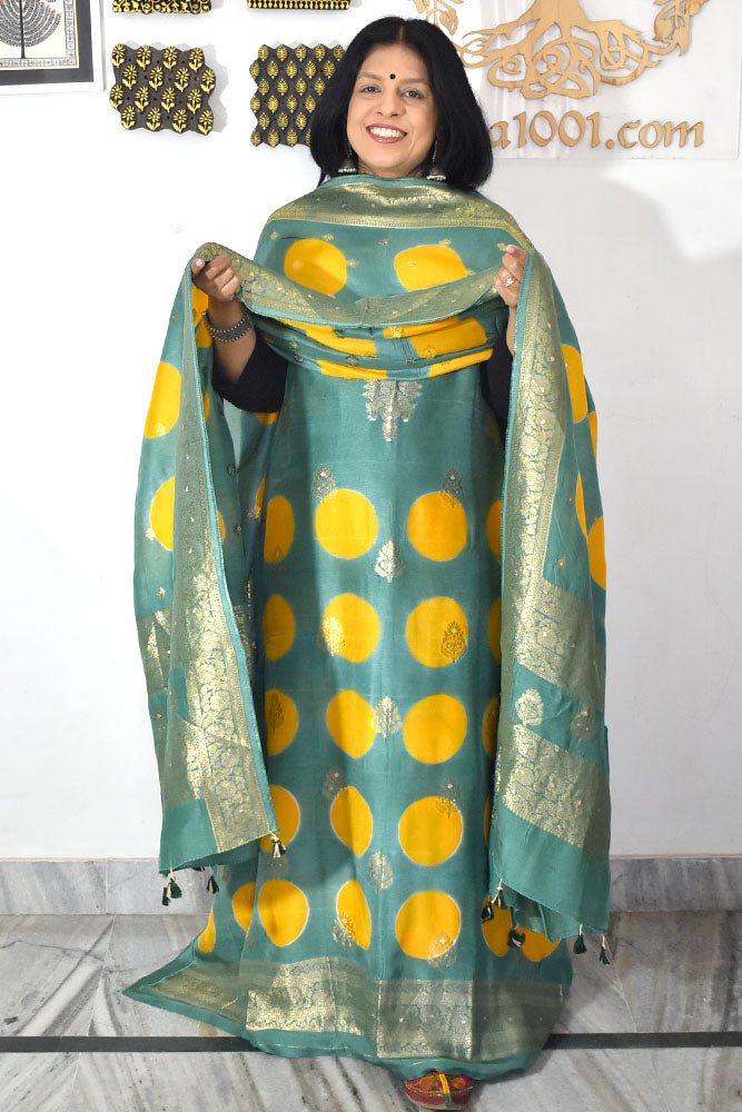 Designer Clamp Dyed Dola silk suit with woven bootis, neck pattern & borders - 3 pc suit