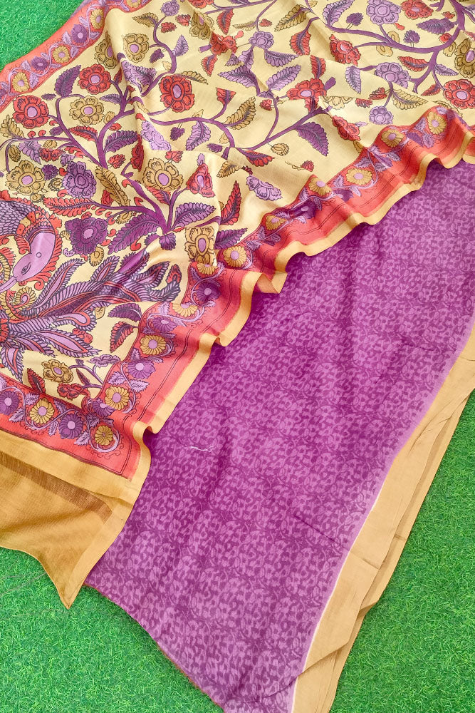 Beautiful Hand Block Printed Maheshwari Kurta with Hand Painted Kalamkari Dupatta & Cotton Bottom