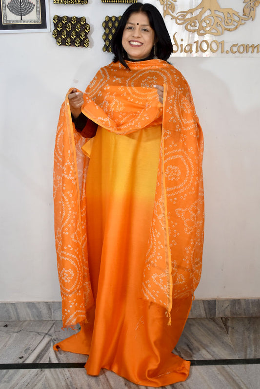 Ombre Dyed -Tie & Dye Bandhani Kurta & Dupatta 2pc Chanderi Unstitched Suit