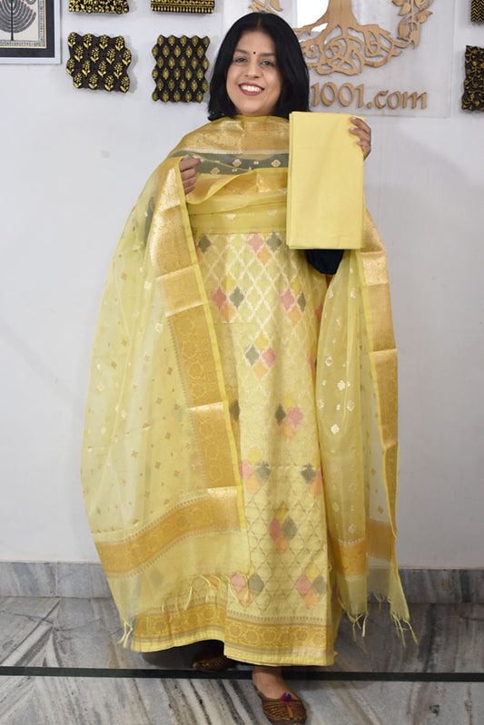 Beautiful Banarasi Chanderi silk unstitched suit fabric with Woven Booties