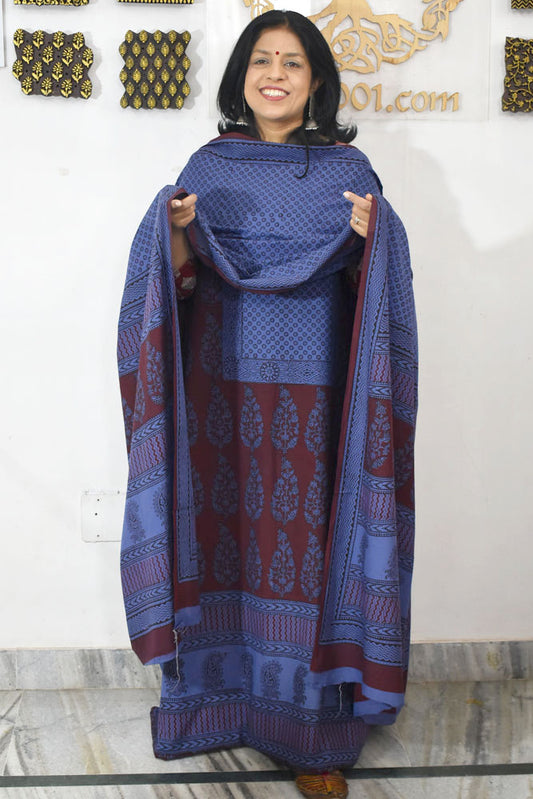 Bagh Hand Block Printed unstitched 3 pc Cotton suit fabric with Placement block print from MP