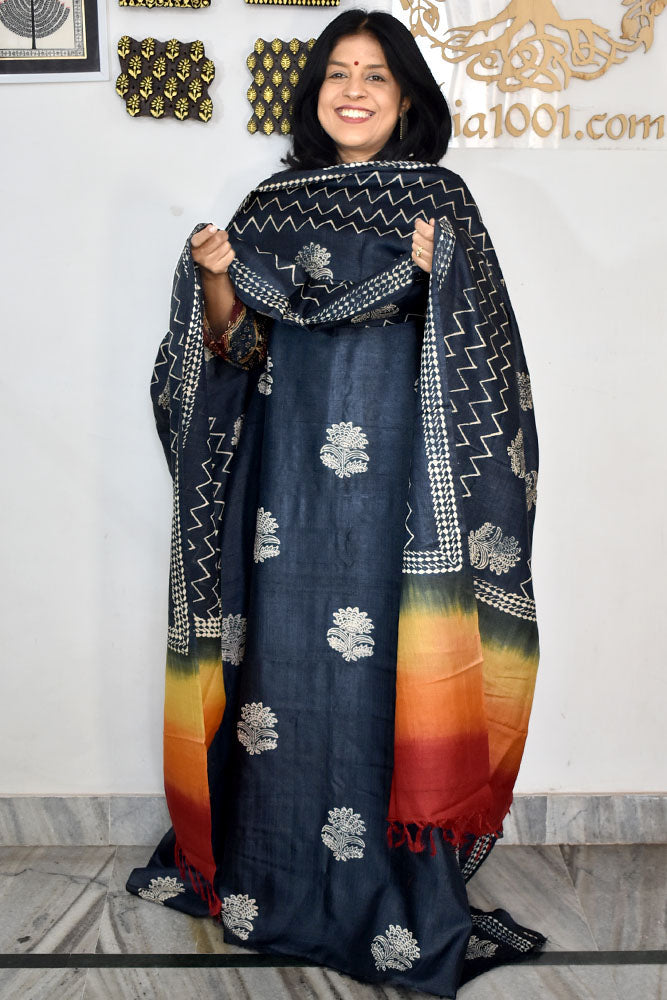 Beautiful Hand Block printed Tussar Silk Kurta Dupatta Set