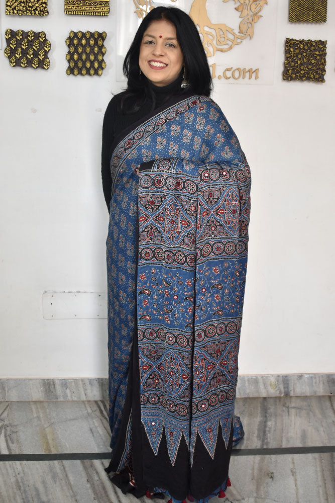 Elegant Hand Block Printed Ajrakh Modal Silk Saree with Mirror Work & tassels