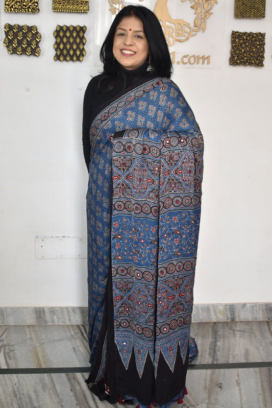 Elegant Hand Block Printed Ajrakh Modal Silk Saree with Mirror Work & tassels