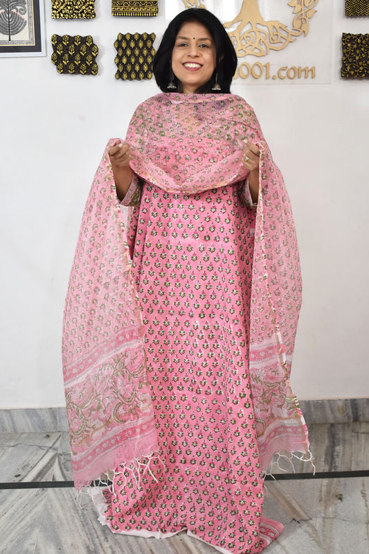 Beautiful Hand Block Printed Cotton unstitched suit fabric with Kota Doria Dupatta