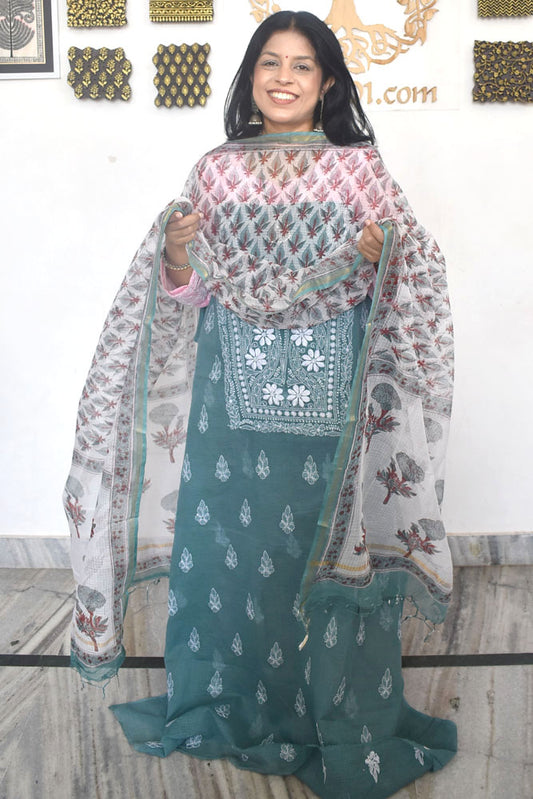 Elegant Lucknowi Chikankari Hand Embroidery work  & Block print Dupatta - 2 pc set