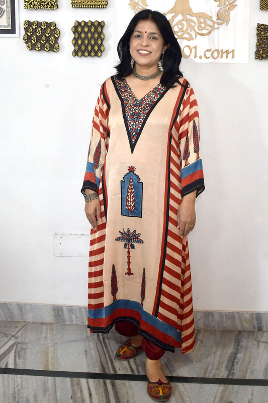 Beautiful Hand Block Printed Ajrakh Modal Silk Kurta, Size 40 to 46