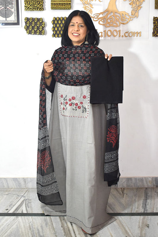 Elegant Handwoven Cotton Unstitched Suit with Ajrakh patch ,Intricate Hand Embroidery & block print chiffon dupatta