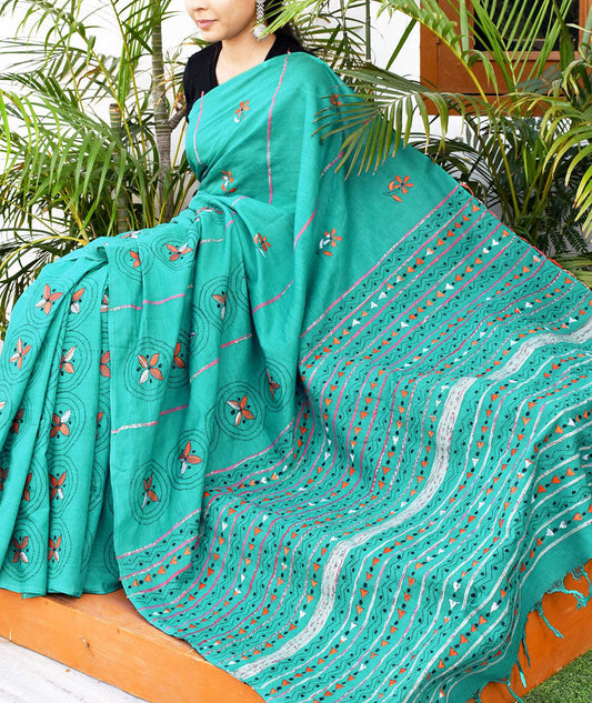 Elegant Handwoven Khesh Cotton Saree with Hand Kantha work