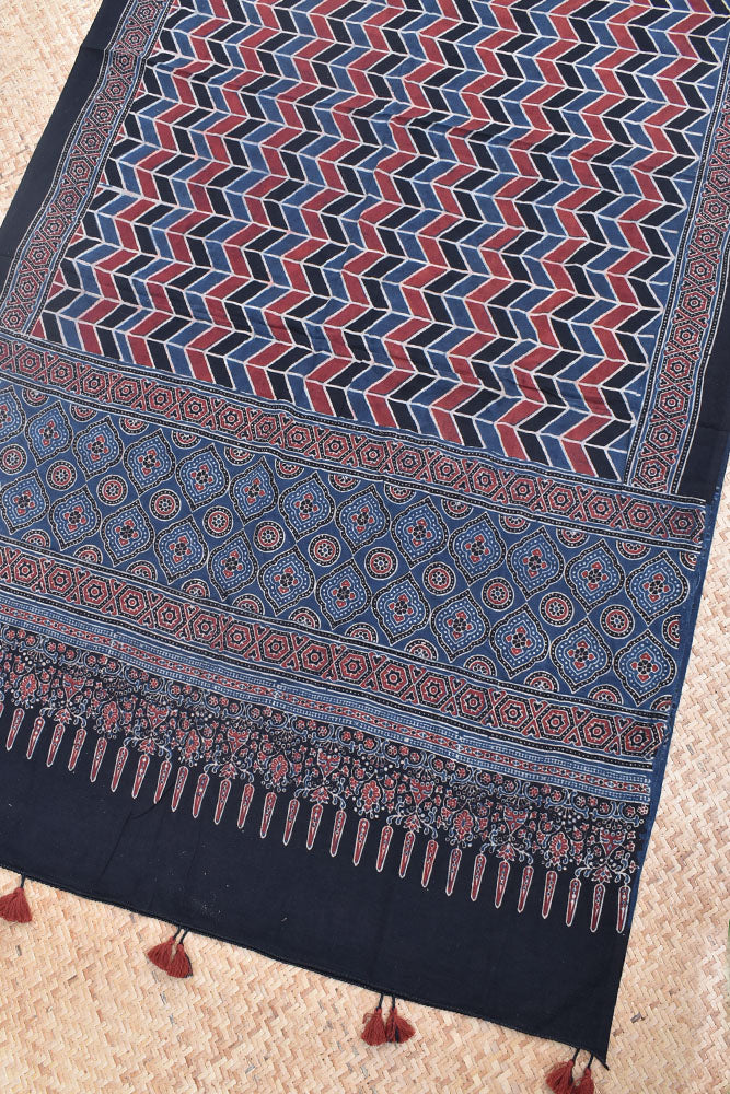 Ajrakh Hand Block Printed Cotton Dupatta with Tassels with natural dyes