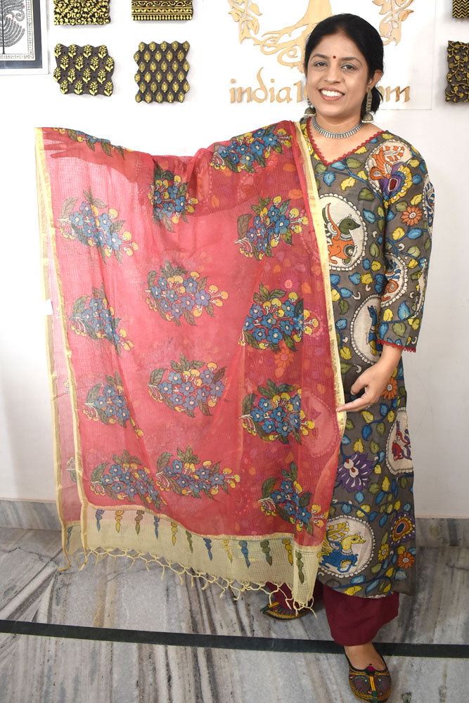 Beautiful  Kota Cotton Hand Painted Kalamkari Dupatta