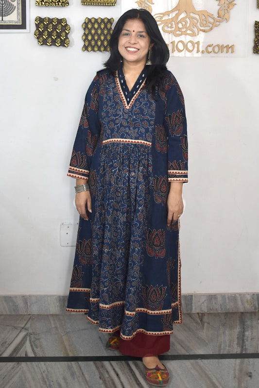 Designer Hand Block Printed Ajrakh cotton Kurta / Dress  With Mirror Work - Size 38 to 48 ( all sizes)