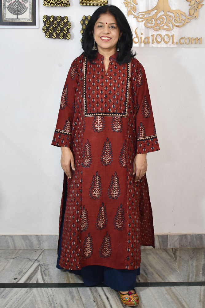 Designer Hand Block Printed Ajrakh cotton Kurta / Dress - Size 38 to 48 ( all sizes)