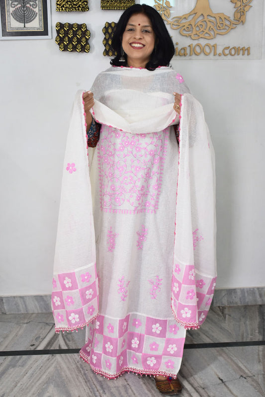 Elegant Organdy Semi Stiched  Kurta & Dupatta set with Hand done Phool patti work and Applique border