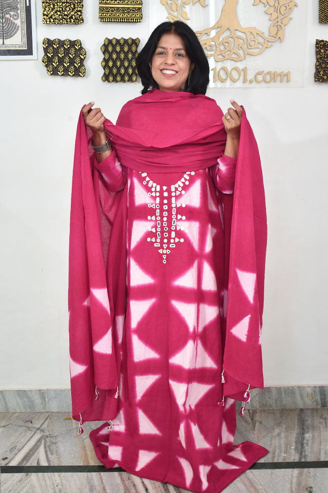 Tie & Dye Clamp Dyed cotton Unstitched Suit with Kutch Mirror work