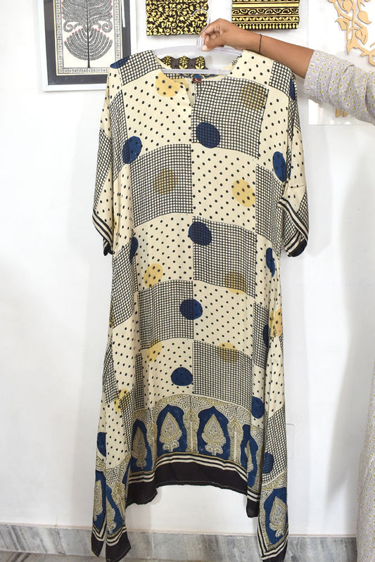 Beautiful Hand Block Printed Ajrakh Modal Silk Kaftan Kurta, Size 40 to 44