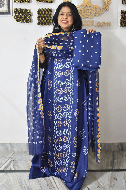 Tie & Dye Kutch Bandhani modal silk Unstitched Suit with Chiffon Dupatta & Modal Silk Bottom