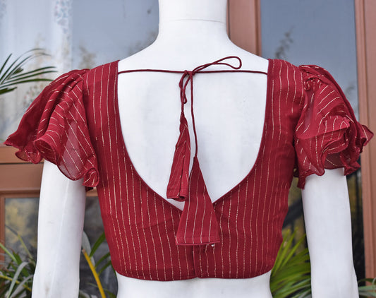 Georgette Blouse fabric with gold lines with frill sleeves - 38 , 40 - Adjustable till size 42