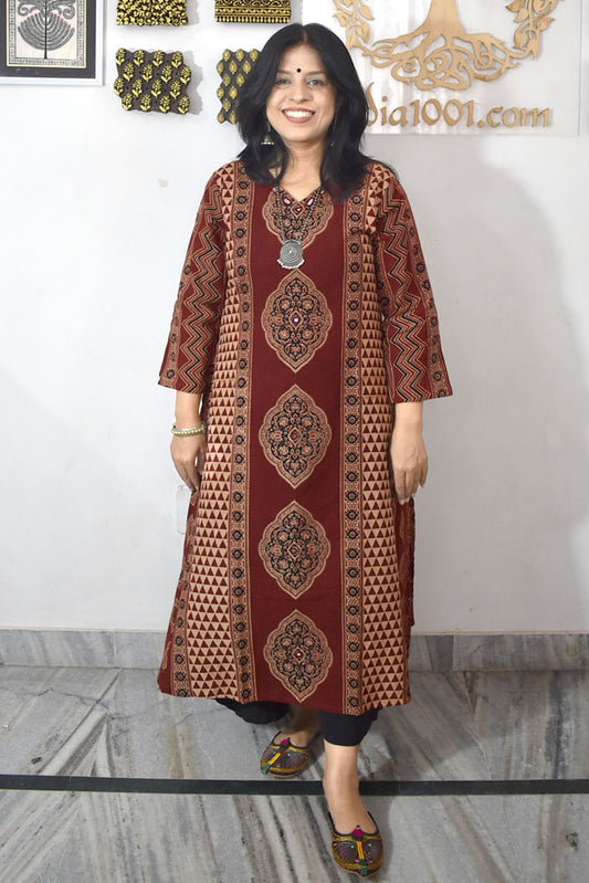 Designer Hand Block Printed Ajrakh cotton Kurta With Mirror Work - Size 38 to 48 ( all sizes)